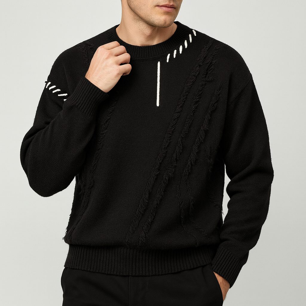 Stoneburry | Luźny sweter z patchworkowym wzorem i frędzlami 0