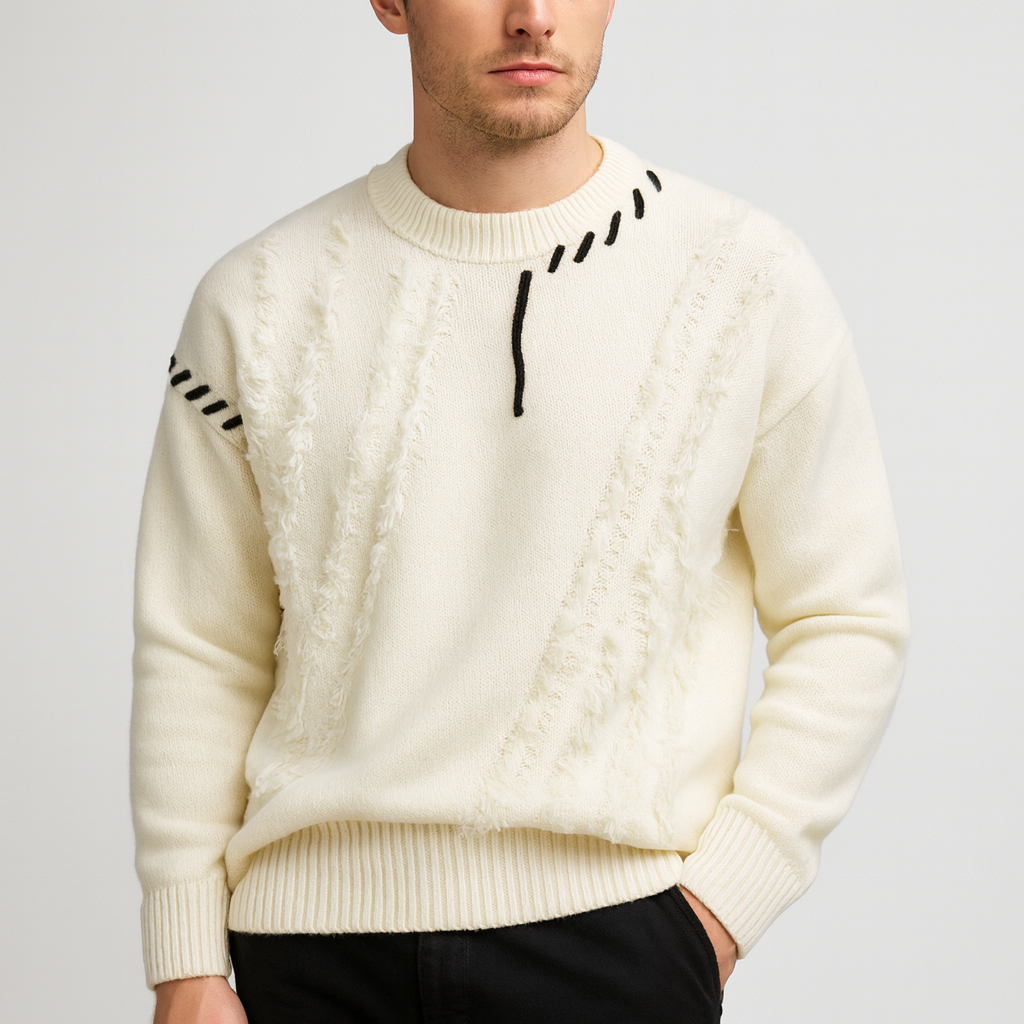 Stoneburry | Luźny sweter z patchworkowym wzorem i frędzlami 1